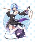  absurdres black_ribbon blue_eyes blue_hair broom detached_sleeves drogoth flail frilled_sleeves frills from_side full_body hair_ornament hair_over_one_eye hair_ribbon highres holding holding_broom maid maid_headdress morning_star no_shoes polka_dot polka_dot_background purple_ribbon re:zero_kara_hajimeru_isekai_seikatsu rem_(re:zero) ribbon ribbon-trimmed_clothes ribbon_trim short_hair solo thighhighs underbust weapon white_legwear x_hair_ornament 