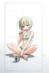 501st_joint_fighter_wing blonde_hair bra brushing_teeth cup erica_hartmann full_body half-closed_eyes highres indian_style looking_at_viewer mug shadow short_hair shorts simple_background sitting sleepy solo sports_bra strike_witches takamura_kazuhiro toothbrush underwear underwear_only white_background world_witches_series 