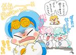  blonde_hair blue_hair blush clothing eyes_closed female group hair humor japanese_text male mogtan_(cocotama) open_mouth osyaki_(cocotama) panties parine pink_hair sarine simple_background text underwear zenki 