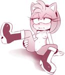  amy_rose anthro blush boots breasts clenched_teeth clothing eyelashes female footwear gloves hair hairband half-closed_eyes hearlesssoul hedgehog mammal monochrome navel nipples pussy raised_leg simple_background sitting solo sonic_(series) spreading sweat teeth 