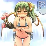  bikini blush bouquet daiyousei embarrassed fairy fairy_wings flat_chest flower flying green_hair hair_ribbon knees_together_feet_apart micro_bikini nose_blush ribbon side-tie_bikini side_ponytail solo swimsuit tearing_up thigh_gap touhou translated wings yellow_eyes yudepii 