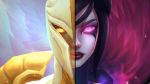  2girls armor highres kayle league_of_legends morgana multiple_girls official_art portrait purple_eyes wallpaper wings yellow_eyes 