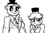  2015 animatronic anthro bear black_and_white blush bow_tie crossgender duo female five_nights_at_freddy&#039;s five_nights_at_freddy&#039;s_2 freddy_(fnaf) hat inkyfrog looking_at_viewer machine mammal monochrome robot simple_background smile top_hat toy_freddy_(fnaf) video_games white_background 