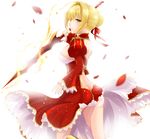  aestus_estus ahoge ass blonde_hair breasts commentary_request dress epaulettes fate/extra fate_(series) green_eyes highres holding holding_sword holding_weapon large_breasts looking_at_viewer looking_back nero_claudius_(fate) nero_claudius_(fate)_(all) no_panties red_dress solo sword uonuma_yuu weapon white_background 