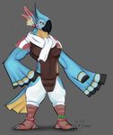  anthro armor avian barefoot beak biceps bird breath_of_the_wild claws clothed clothing feathers kass_(zelda) macaw male manly mastermasher23 muscular nintendo open_mouth pants parrot pecs scarf sharp_claws smile solo standing the_legend_of_zelda toe_claws video_games 