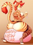  2017 anthro beverage big_breasts big_butt bra breasts butt cat clothing english_text feline female green_eyes hair holding_glass holding_object holidays jaeh legwear looking_at_viewer loree mammal new_year orange_hair sitting solo stockings stripes text underwear 