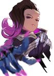  asymmetrical_hair blue_gloves blur brown_hair coat dark_skin eyeshadow fingernails fourth_wall gloves makeup multicolored_hair nail_polish overwatch purple_coat purple_eyes purple_hair simple_background so-bin solo sombra_(overwatch) white_background 