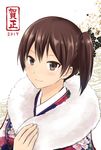  2017 alternate_costume blush brown_hair commentary_request flower highres japanese_clothes kaga_(kantai_collection) kantai_collection kimono long_hair looking_at_viewer mentai_mochi side_ponytail smile solo upper_body 