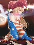  american_flag american_flag_print ass back blonde_hair blue_leotard brown_eyes closed_mouth clownpiece fairy_wings flag_print from_behind full_body hair_between_eyes hair_over_shoulder hat hi-yo highres jester_cap leotard long_hair looking_to_the_side pantyhose polka_dot profile red_leotard sitting solo star star_print touhou w wariza white_leotard wings 
