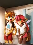 animal_genitalia anthro bathroom blue_eyes canine clothed clothing crimsonrabbit cub duo feline fur green_eyes hair heterochromia humanoid_penis inside male mammal open_mouth partially_clothed penis pink_hair red_eyes slit_pupils standing tanuki tiger urine watersports young 