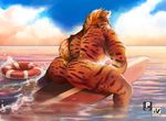  2016 anthro back_muscles black_fur butt cloud feline fur hair hybrid looking_at_viewer looking_back male mammal muscular muscular_male nexus nude orange_fur outside saber-toothed_cat sea signature sky solo sport surf surfboard tiger water white_fur yellow_eyes 