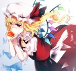  apple asada_ryou ascot blonde_hair broken_glass commentary_request crystal eating flandre_scarlet food frilled_shirt_collar frills from_side fruit glass hat hat_ribbon looking_at_viewer looking_to_the_side mob_cap puffy_short_sleeves puffy_sleeves red_eyes red_ribbon red_skirt red_vest ribbon short_sleeves side_ponytail skirt skirt_set solo touhou vest wings 