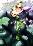  1girl 2017 bare_shoulders breasts choker cleavage cowboy_shot detached_sleeves erect_nipples expressionless green_eyes green_hair haganef hips huge_breasts lamia_loveless legs long_hair long_sleeves looking_at_viewer matching_hair/eyes new_year parted_lips sakura sitting socks solo super_robot_wars super_robot_wars_original_generation thighhighs thighs tree 