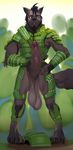  anthro armor armpits balls barefoot beard big_balls canine claws clothed clothing cum cum_on_penis facial_hair fur hair justmegabenewell long_penis looking_at_viewer mammal nude open_mouth orgasm penis precum red_eyes sharp_claws smile standing thick_penis toe_claws wolf 