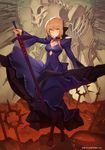  artoria_pendragon_(all) blonde_hair bow breasts character_name cleavage copyright_name dark_excalibur detached_sleeves dress fate/grand_order fate_(series) felix_(felix901123) full_body hair_bow highres looking_at_viewer medium_breasts purple_dress saber_alter skeleton solo wide_sleeves yellow_eyes 