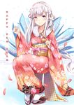  2017 arrow blush braid ema emilia_(re:zero) floral_print flower french_braid full_body hair_flower hair_ornament hamaya happy_new_year highres ice_crystal japanese_clothes kimono konka long_hair looking_at_viewer new_year obi pointy_ears puck_(re:zero) purple_eyes re:zero_kara_hajimeru_isekai_seikatsu sash silver_hair smile solo_focus tabi wide_sleeves zouri 