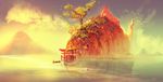  animal artstation_sample bare_tree bird boat cloud evening fantasy fish flying fog grass image_sample island_turtle koi landscape mountain oar ocean original oversized_animal reflection roots rowboat signature sky sunlight torii tree watercraft 