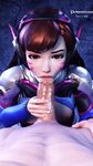  1boy 1girl 3d bodysuit breasts brown_eyes brown_hair d.va_(overwatch) facial_mark fellatio functionally_nude headset hetero kneeling long_hair nipples oral overwatch penis pewposterous pilot_suit pov shoulder_pads small_breasts uncensored whisker_markings 