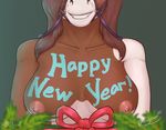  2017 anthro areola big_breasts breasts bridle equine female fur hair hi_res holidays horse huge_breasts mammal multicolored_hair new_year nipples nude reaper3d simple_background smile solo 