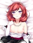  breasts breasts_outside cutie_panther hairband jewelry light_blush love_live! love_live!_school_idol_project lying medium_breasts necklace ninamo nipples nishikino_maki on_back purple_eyes red_hair short_hair solo 