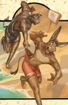  2015 5_fingers 5_toes anthro armpits barefoot beach big_ears biped black_clothing black_eyes bovine brown_fur brown_hair brown_tail buck_(evane) cattle clothed clothing dempsey digital_media_(artwork) doncoyote donkey duo english_text equine feet fist fur hair hi_res horn horn_ring humanoid_feet humanoid_hands lifeguard long_ears male mammal one-piece_swimsuit open_mouth outside plantigrade red_bottomwear red_clothing running sand sea seaside sign snout story story_in_description swimming_trunks swimsuit tail_tuft tattoo teeth text toes tuft water whistle 