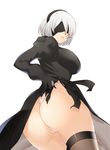  ass black_dress black_gloves black_legwear blindfold breasts closed_mouth commentary_request cowboy_shot dress facing_viewer from_behind gloves hairband highres juliet_sleeves large_breasts long_sleeves looking_back nier_(series) nier_automata panties puffy_sleeves short_hair solo thighhighs underwear white_hair white_panties x&amp;x&amp;x yorha_no._2_type_b 