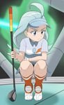  &gt;:( ahoge aqua_hair blue_hat buttons closed_mouth collared_shirt elite_four feathers frown golf_club hat holding holding_golf_club jouwan kahili_(pokemon) lavender_eyes long_hair mole mole_under_eye panties pantyshot pantyshot_(squatting) pokemon pokemon_(game) pokemon_sm shirt short_sleeves socks solo squatting striped striped_panties striped_shirt underwear v-shaped_eyebrows visor_cap 