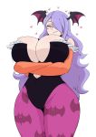  1girl breasts bursting_breasts camilla_(fire_emblem_if) capcom cleavage cosplay fire_emblem fire_emblem_if grin hair_over_one_eye heart highres huge_breasts jinu_(jinusenpai) large_breasts long_hair morrigan_aensland morrigan_aensland_(cosplay) naughty_face nintendo purple_hair seductive_smile simple_background smile solo thick_thighs thighs vampire_(game) white_background 