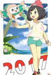  2017 :d artist_name bangs bare_arms bare_legs beak beanie bird black_hair blue_sky blush bob_cut bracelet breasts bush cloud cloudy_sky collarbone day feathers floral_print flower flying gen_7_pokemon green_eyes green_shorts ham_(hamhainugasuki) hat highres jewelry leaf lens_flare looking_at_another mizuki_(pokemon) ocean open_mouth outdoors outline outside_border owl palm_tree parted_bangs pokemon pokemon_(creature) pokemon_(game) pokemon_sm red_hat rowlet sand shirt shoes short_hair short_sleeves shorts simple_background sky small_breasts smile sneakers sparkle standing sunlight talons teeth text_focus tied_shirt tongue tree water white_background yellow_shirt z-ring 