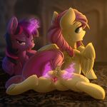  2017 absurd_res butt cutie_mark dock duo equine eto_ya feathered_wings feathers female feral fluttershy_(mlp) friendship_is_magic fur glowing hair half-closed_eyes hi_res hooves horn inside long_hair looking_at_viewer looking_back magic mammal my_little_pony pegasus pink_hair pink_tail pussy spread_legs spread_pussy spreading tongue tongue_out twilight_sparkle_(mlp) underhoof winged_unicorn wings 