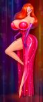  1girl akiranime breasts bursting_breasts cleavage curvy dress earrings elbow_gloves eyeshadow gloves hair_over_one_eye high_heels huge_breasts jessica_rabbit lipstick makeup red_dress red_hair side_slit slender_waist solo strapless strapless_dress who_framed_roger_rabbit 