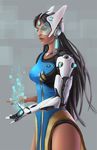  black_hair breasts brown_eyes clark_wootton cowboy_shot dark_skin dress earrings forehead_jewel grey_background headgear hologram jewelry lips long_hair mechanical_arm medium_breasts nose overwatch parted_lips pelvic_curtain pixels science_fiction short_sleeves simple_background solo square symmetra_(overwatch) visor 