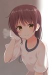  aibumi bangs blush breath brown_eyes brown_hair closed_mouth commentary eyebrows_visible_through_hair gym_uniform highres long_hair looking_at_viewer original see-through shade smile solo sweat towel upper_body wiping_sweat 