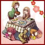  :d bangs black_legwear blue_eyes blush border bowl brown_hair cellphone character_print commentary_request flower food food_in_mouth fruit gen_1_pokemon green_eyes hair_ornament handheld_game_console hands_together hanten_(clothes) headband highres hoshizora_rin jacket jacket_removed koizumi_hanayo kotatsu kunikida_hanamaru kurosawa_ruby leaning_forward long_hair looking_at_another love_live! love_live!_school_idol_project love_live!_sunshine!! lying magazine mandarin_orange mouth_hold multiple_girls nose_blush on_side on_stomach open_mouth orange_hair pantyhose phone pikachu playing_games pokemon pokemon_(creature) purple_eyes red_border red_hair shaded_face shipii_(jigglypuff) short_hair sitting smartphone smile standing sweatdrop table two_side_up under_kotatsu under_table yellow_eyes 