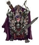  armor arrow bow braided_hair cloak clothing dungeons_&amp;_dragons gnoll greatsword hair hyena male mammal official_art pathfinder plate_armor ranger snarling solo warrior weapon 