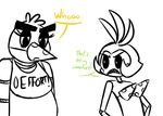  2015 animatronic anthro avian bib bird chica_(fnaf) chicken dialogue duo english_text female five_nights_at_freddy&#039;s five_nights_at_freddy&#039;s_2 hat inkyfrog machine party_hat restricted_palette robot simple_background text toy_chica_(fnaf) video_games white_background 
