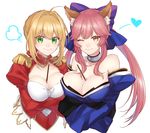  &gt;:) ;3 ahoge animal_ears blonde_hair breast_hold breasts bursting_breasts citron_82 crossed_arms epaulettes fate/extra fate/extra_ccc fate_(series) food fox_ears green_eyes japanese_clothes juliet_sleeves kimono large_breasts long_hair long_sleeves looking_at_viewer multiple_girls nero_claudius_(fate) nero_claudius_(fate)_(all) pink_hair pocky puffy_sleeves short_hair simple_background smile tamamo_(fate)_(all) tamamo_no_mae_(fate) v-shaped_eyebrows yellow_eyes 