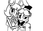  2015 animatronic anthro bear black_and_white bow_tie buckteeth crossgender duo female five_nights_at_freddy&#039;s five_nights_at_freddy&#039;s_2 hat hug inkyfrog lagomorph looking_at_viewer machine mammal monochrome one_eye_closed rabbit robot simple_background smile teeth top_hat toy_bonnie_(fnaf) toy_freddy_(fnaf) video_games white_background wink 