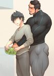  2boys ass bara facial_hair food kitchen male_focus msucle multiple_boys naughty_face size_difference smile vegetables yaoi 