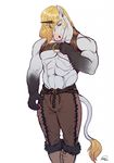  2015 5_fingers abs anthro belt biceps biped black_fur black_horn blonde_hair brown_bottomwear brown_clothing brown_eyes clothed clothing digital_media_(artwork) equine eyebrows front_view fur gloves_(marking) hair harness hi_res horn humanoid_hands long_hair looking_at_viewer male mammal markings multicolored_fur muscular muscular_male nipples omari pants panzer_(revankitty) pecs portrait signature simple_background snout solo standing tail_tuft three-quarter_portrait tuft two_tone_fur unicorn white_background white_fur white_nipples white_tail 