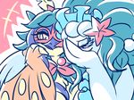  2017 avian bird brown_eyes decidueye duo eyes_closed feathered_wings feathers female feral front_view hair half-closed_eyes hand_on_face hand_on_shoulder laugh mammal marine meme nintendo owl patohoro pink_nose pinniped pok&eacute;mon primarina reaction_image smile teal_hair video_games white_skin wings 