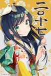  2017 animal animal_on_head artist_name bangs bird bird_on_hand bird_on_head black_hair blush chick closed_mouth commentary_request eyebrows_visible_through_hair floral_background floral_print from_side green_eyes happy_new_year head_tilt highres holding holding_animal japanese_clothes kimono long_hair looking_at_viewer nail_polish new_year obi on_head original red_nails sash shigure_ui signature smile solo swept_bangs translated upper_body white_kimono 
