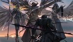  2girls armor chain fire flame flying ghostblade helmet hood horns lips looking_at_another multiple_boys multiple_girls polearm spear sword weapon wings wlop 