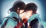  black_hair blue_eyes breath earrings endend_(shinia) holding_hands horikawa_kunihiro izumi-no-kami_kanesada jewelry male_focus multiple_boys scarf touken_ranbu twitter_username 