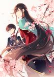  arm_at_side arm_guards bangs black_hair blue_cape blue_eyes branch cape cherry_blossoms closed_mouth day dutch_angle earrings endend_(shinia) fingerless_gloves flower gloves hair_between_eyes hair_ribbon highres horikawa_kunihiro izumi-no-kami_kanesada jewelry long_hair long_sleeves looking_away looking_to_the_side male_focus multiple_boys neck_ribbon petals pink_flower red_neckwear red_ribbon ribbon sash shoulder_pads smile stud_earrings tassel touken_ranbu very_long_hair 