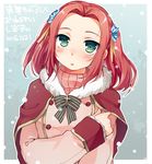  2016 blush bow capelet coat dated eleanor_hume fur_trim green_eyes hoshihuri long_hair open_mouth pink_hair snowing solo tales_of_(series) tales_of_berseria turtleneck twintails 