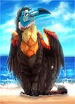  beach beak detailed_background feathered_wings feathers feral hybrid looking_at_viewer outside paws sand seanica seaside sitting sky solo water wings 