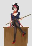  1girl artist_request bangs black_bra black_hair blue_eyes bra breasts cleavage fiora_laurent full_body glasses high_heels league_of_legends legs legs_crossed lipstick long_bangs looking_at_viewer makeup necklace ponytail punishment ruler scarf short_hair simple_background sitting solo table teacher thighhighs white_background 