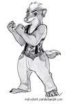  anthro barefoot belt camo clothed clothing disney dog_tags ear_piercing female fists_up greyscale honey_(zootopia) honey_badger looking_at_viewer mammal monochrome mustelid piercing red-velvet-panda smile solo zootopia 