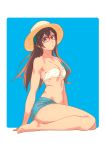  1girl alternate_costume alternate_hair_color aqua_eyes aqua_hairband arm_support bandeau bare_arms bare_legs bare_shoulders bikini_top blue_background blue_shorts breasts brown_hair collarbone female from_side full_body glasses hairband hat highres kantai_collection legs long_hair looking_at_viewer midriff navel neck ooyodo_(kantai_collection) red-framed_eyewear short_shorts shorts sitting small_breasts solo strapless strapless_bikini straw_hat wariza white_bikini_top yuuji_(and) 